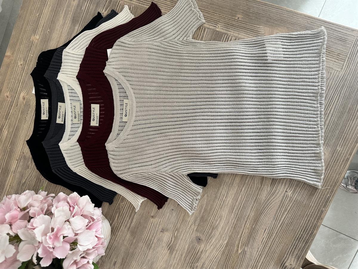 Kısa Kollu Fitilli Triko-Ekru