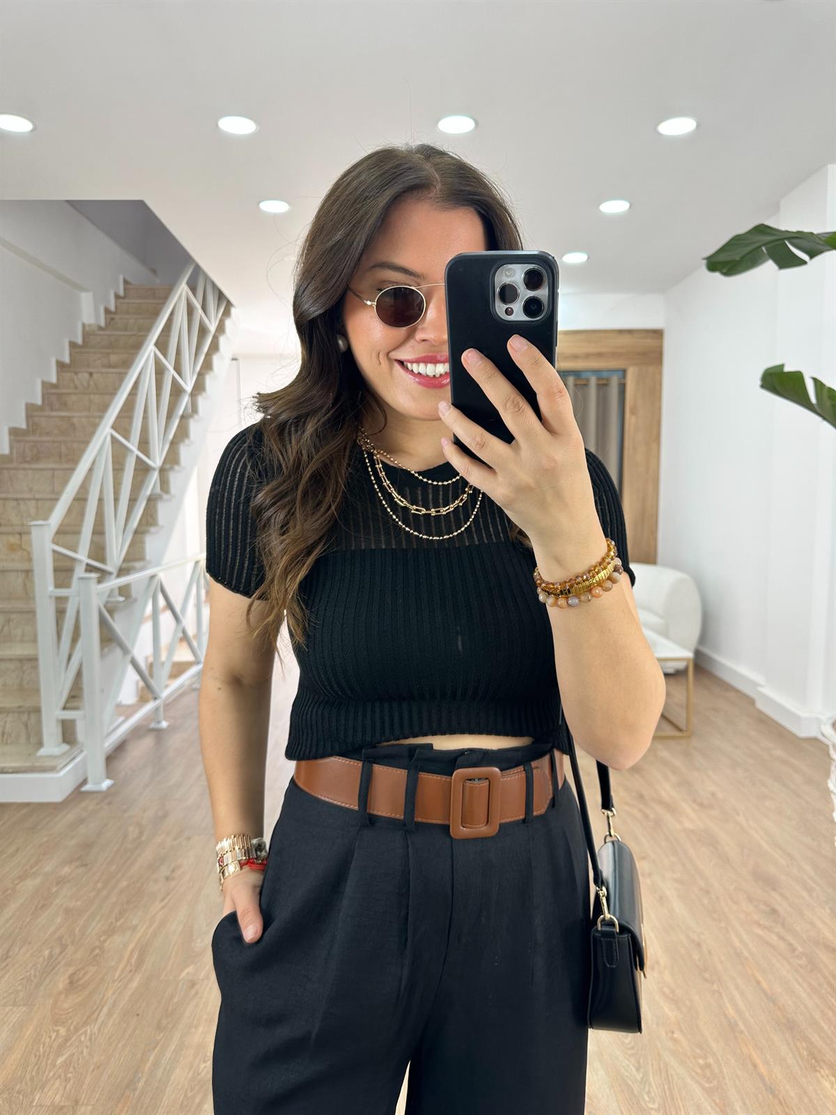 Kısa Kollu Fitilli Triko-Siyah