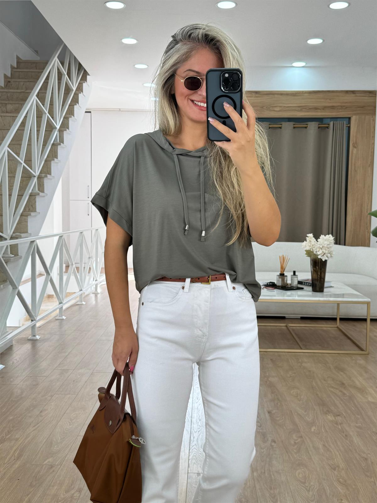 Kısa Kollu Kapüşonlu Sweatshirt - Haki