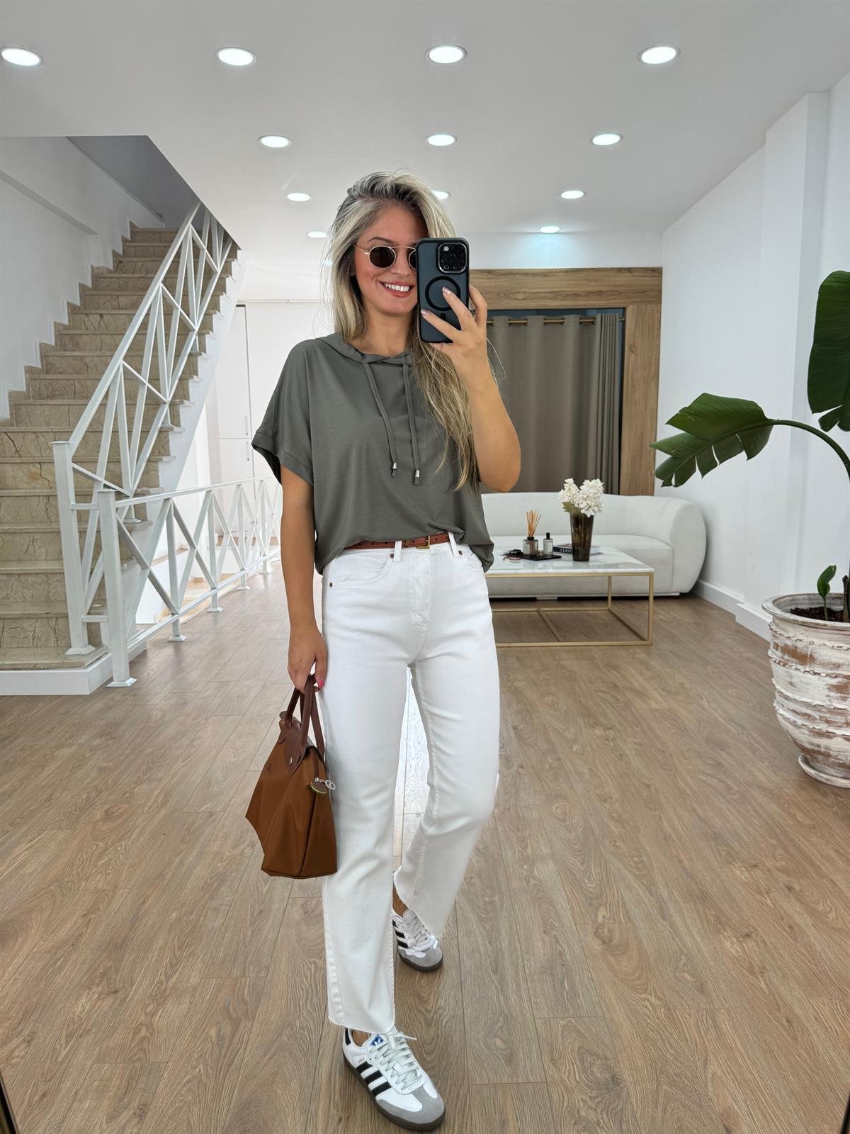 Kısa Kollu Kapüşonlu Sweatshirt - Haki