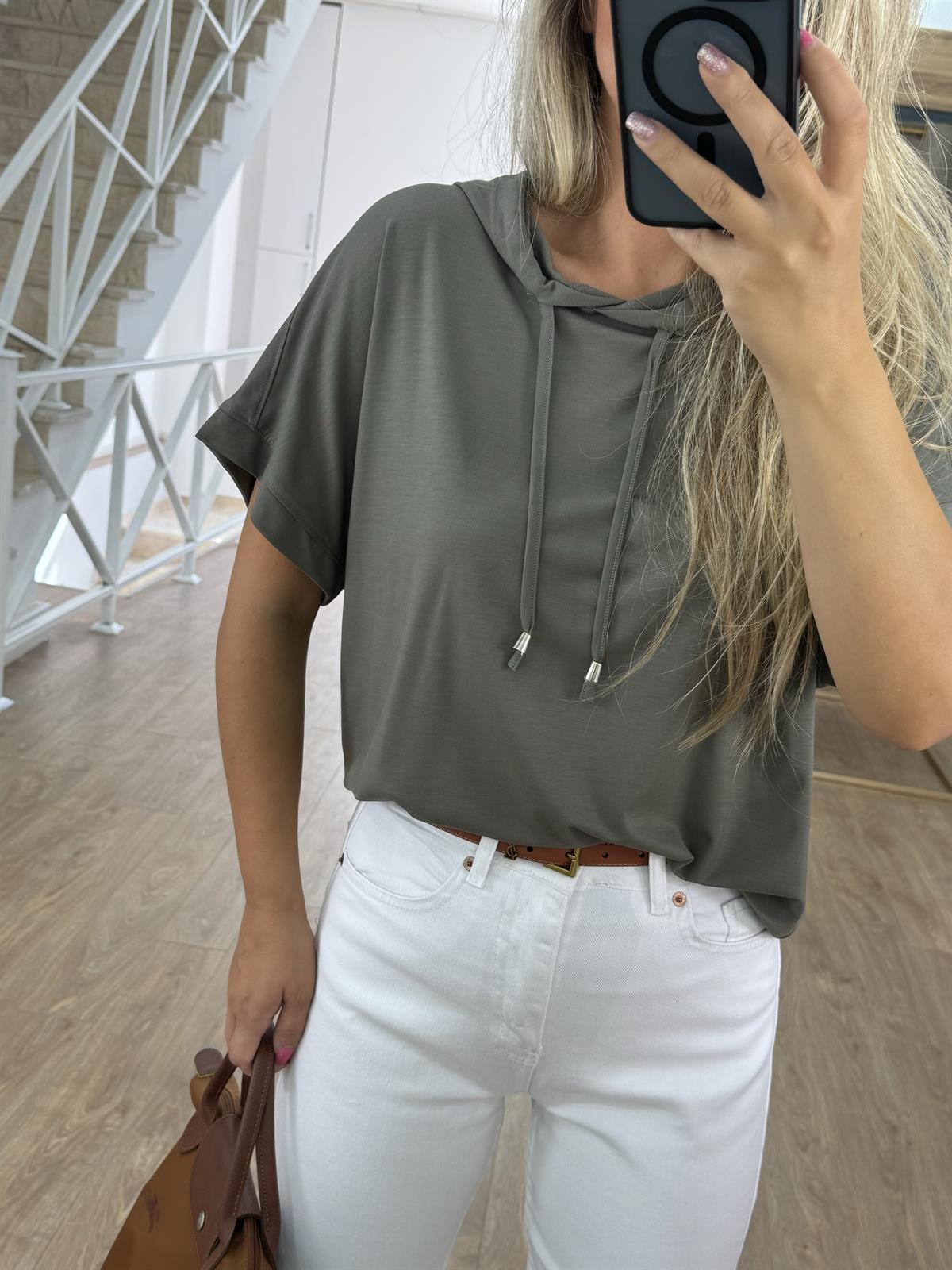 Kısa Kollu Kapüşonlu Sweatshirt - Haki
