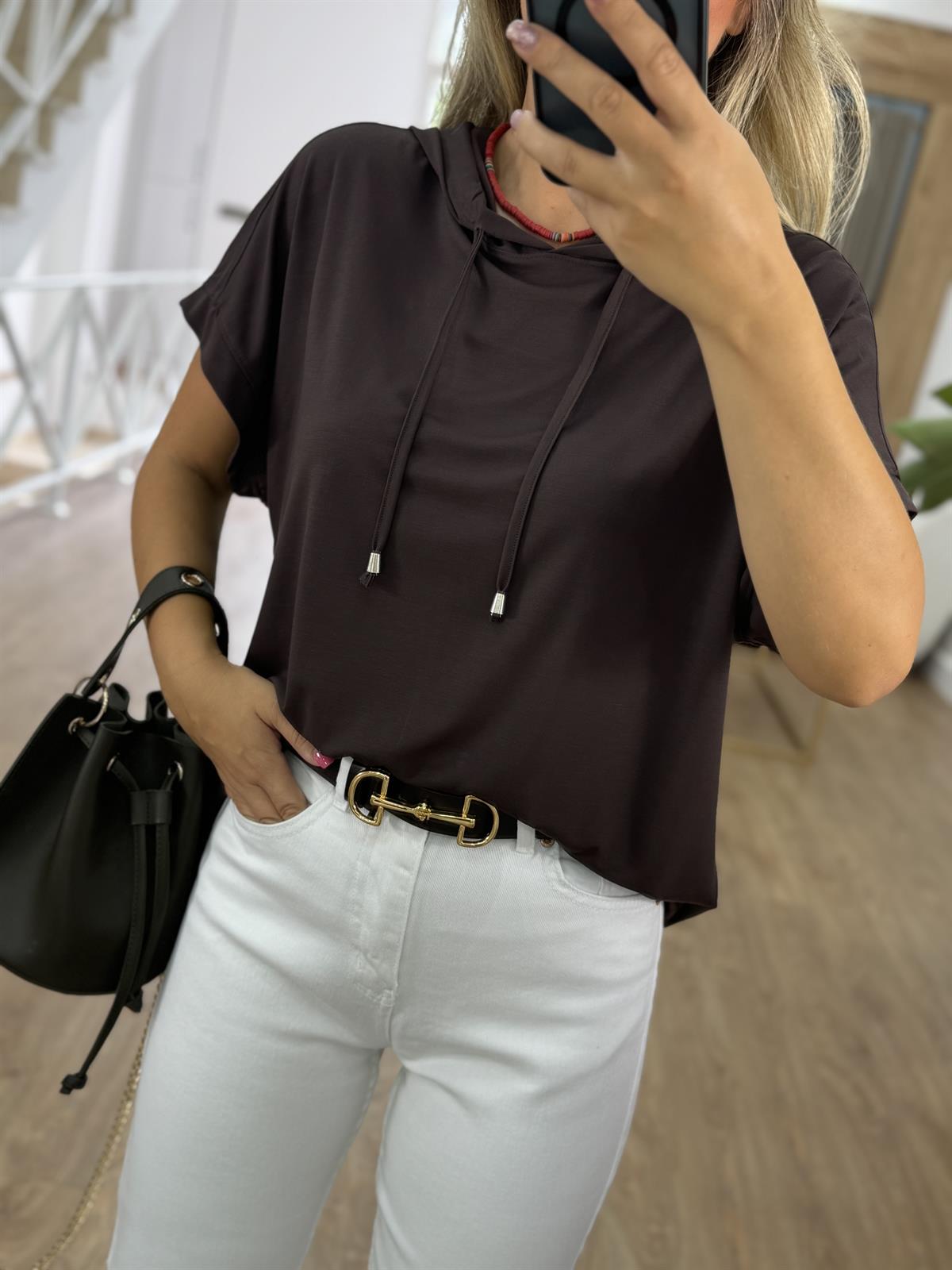 Kısa Kollu Kapüşonlu Sweatshirt - Kahverengi