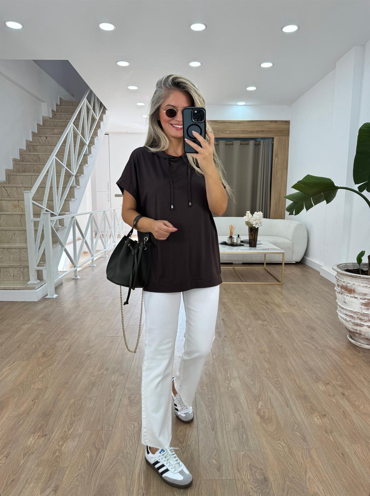 Kısa Kollu Kapüşonlu Sweatshirt - Kahverengi