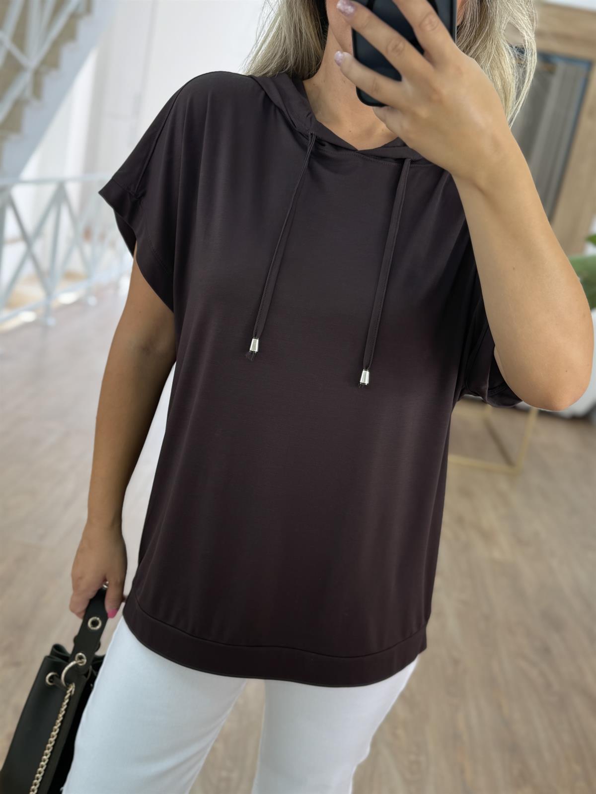 Kısa Kollu Kapüşonlu Sweatshirt - Kahverengi