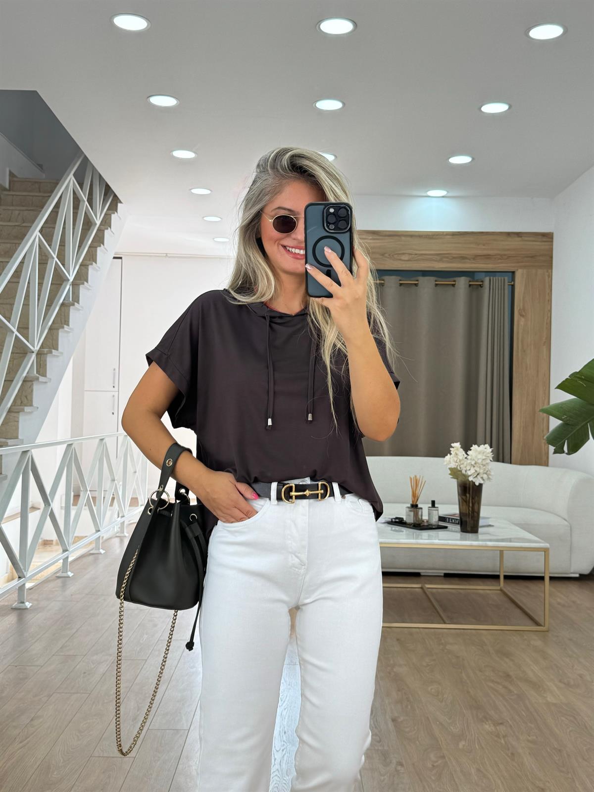 Kısa Kollu Kapüşonlu Sweatshirt - Kahverengi