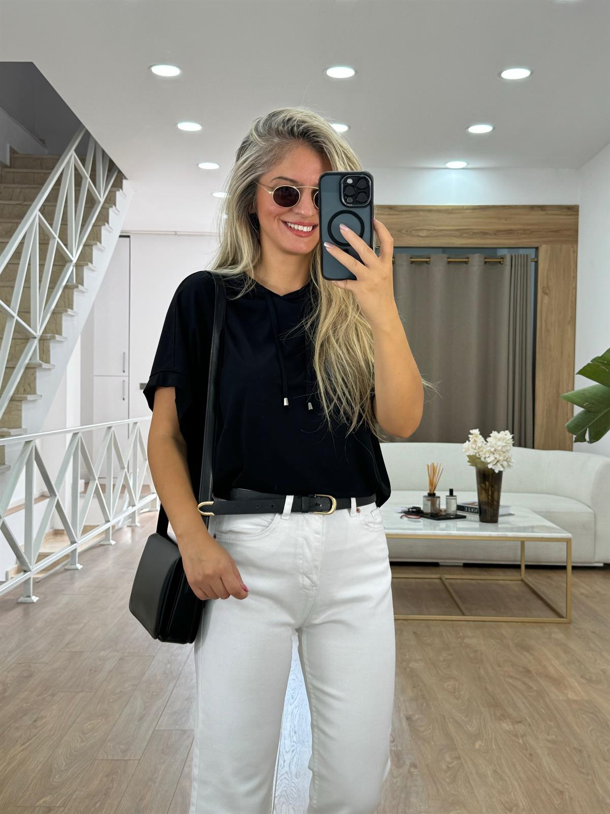 Kısa Kollu Kapüşonlu Sweatshirt - Siyah