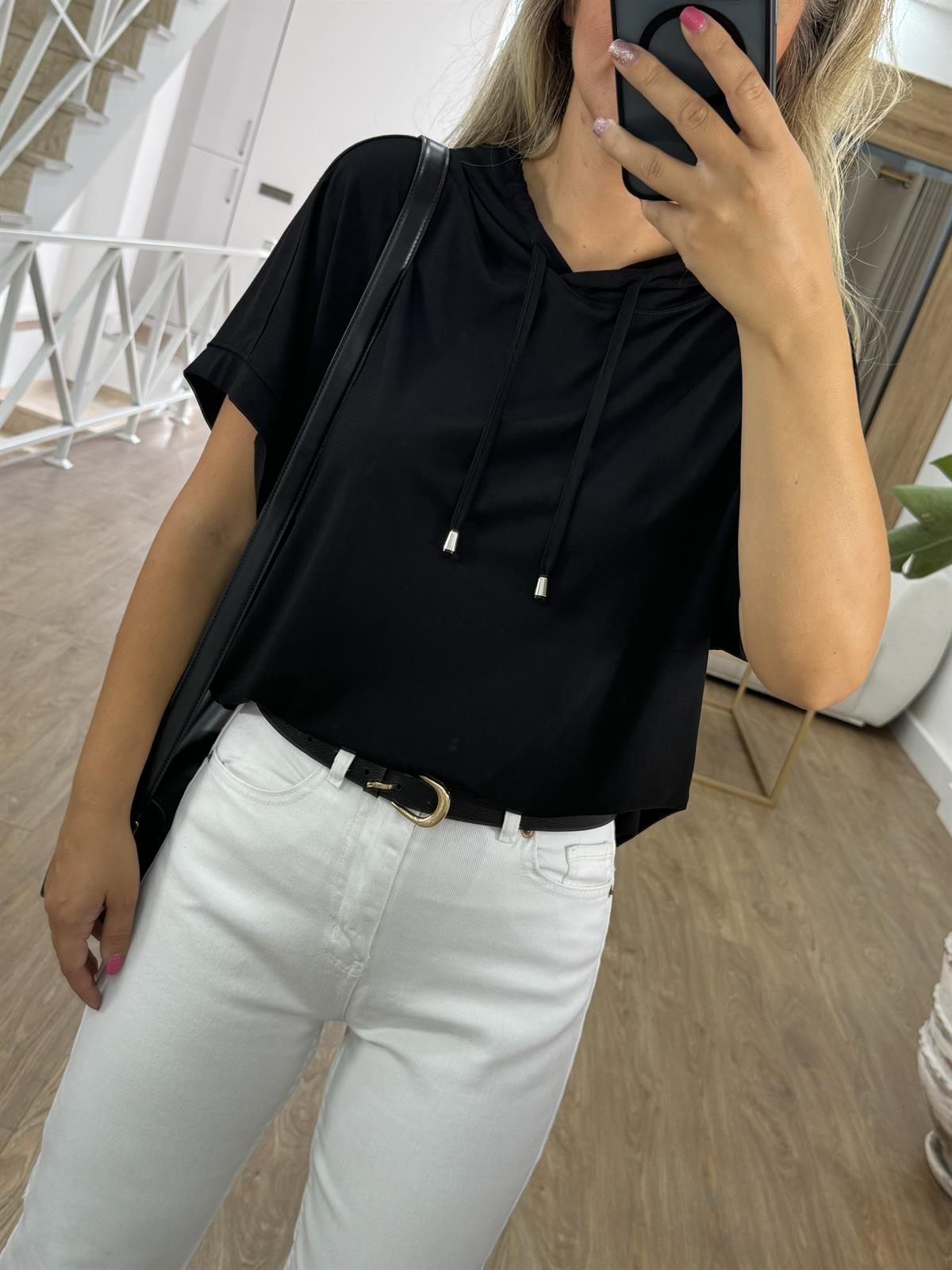 Kısa Kollu Kapüşonlu Sweatshirt - Siyah