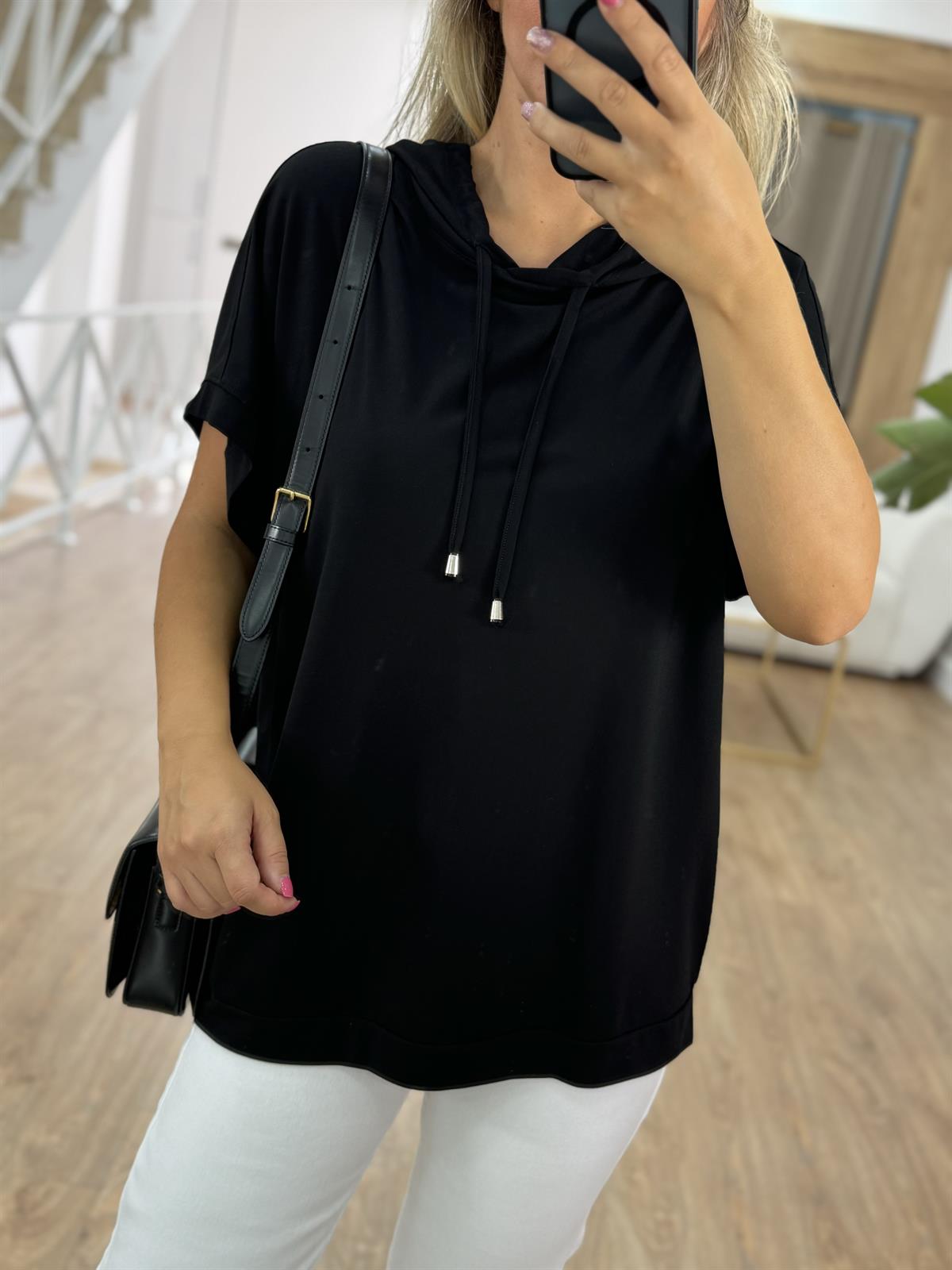 Kısa Kollu Kapüşonlu Sweatshirt - Siyah