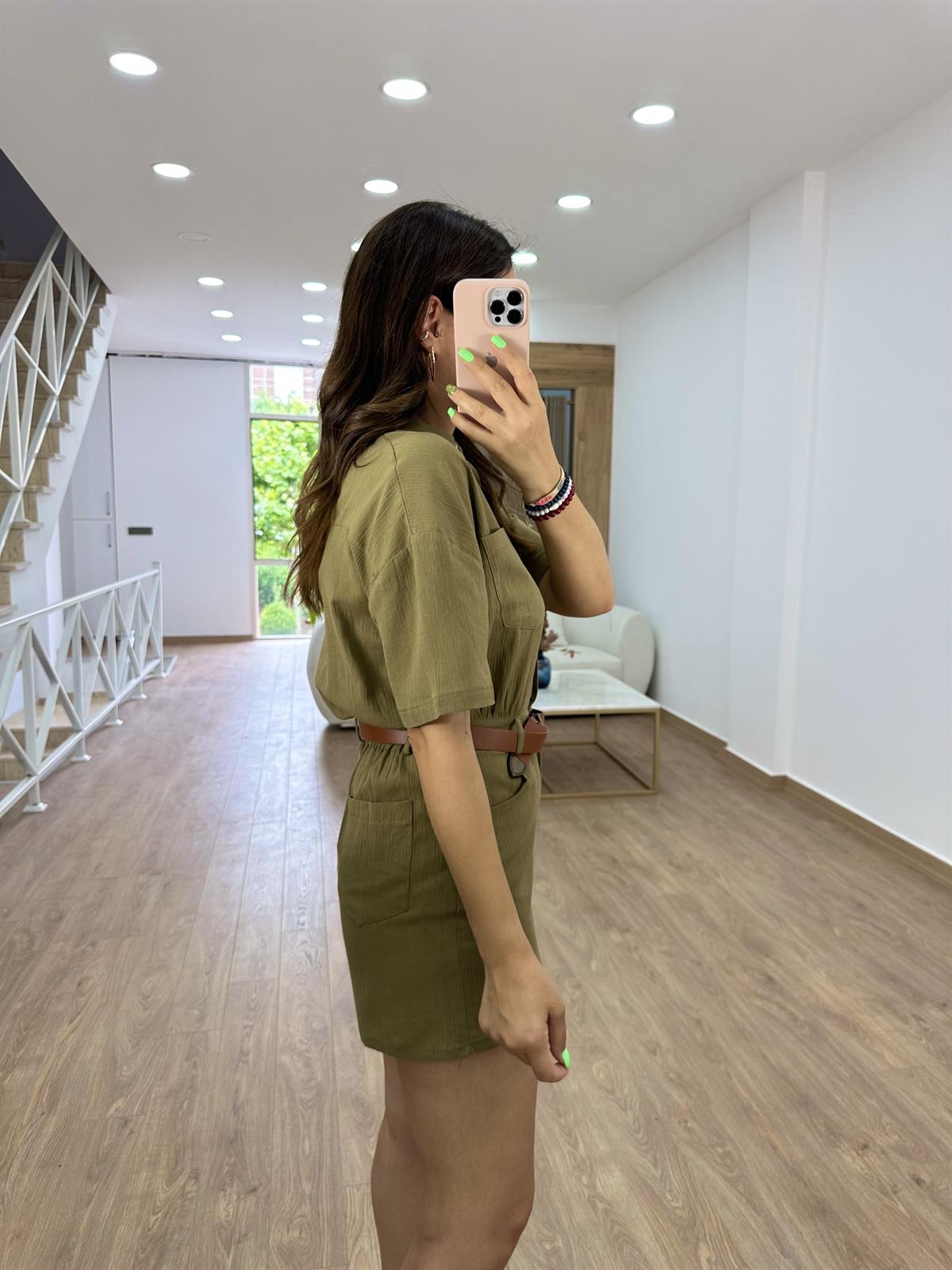 Kısa Kollu Keten Tulum-Haki