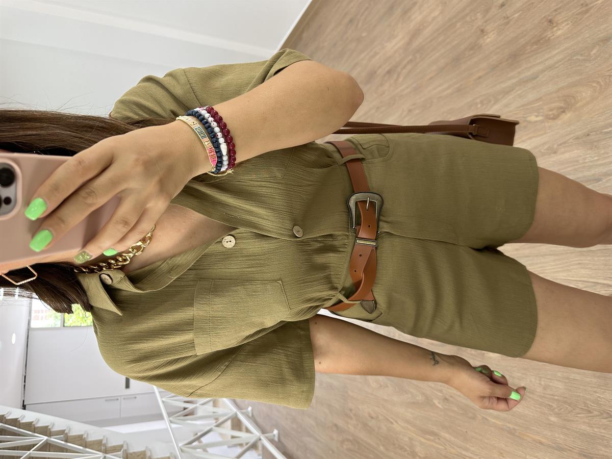 Kısa Kollu Keten Tulum-Haki