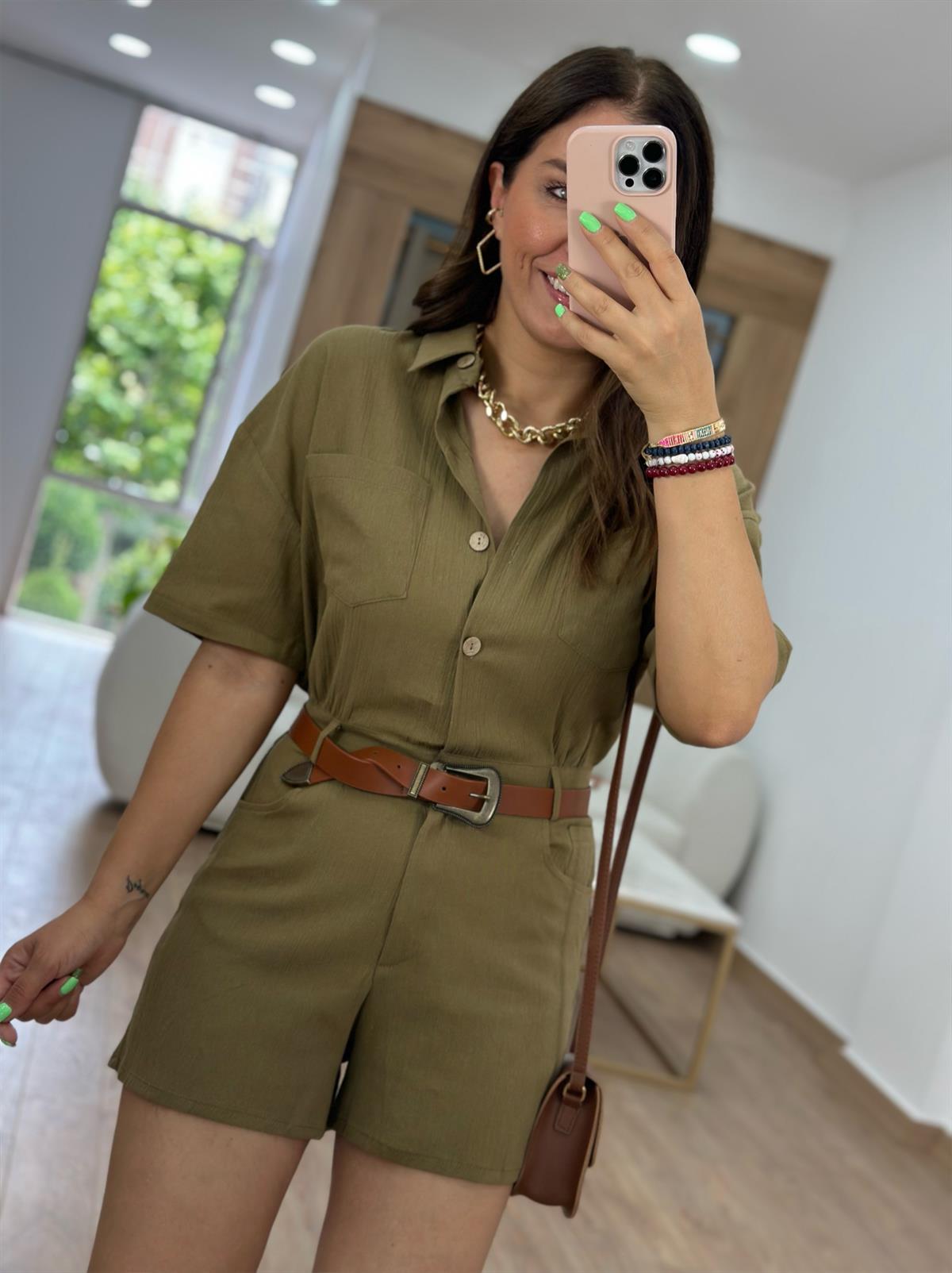 Kısa Kollu Keten Tulum-Haki