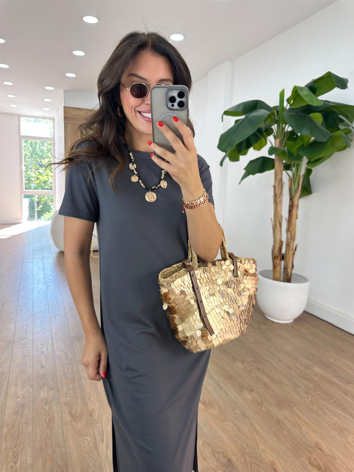 Kısa Kollu Modal Basic Elbise - Antrasit