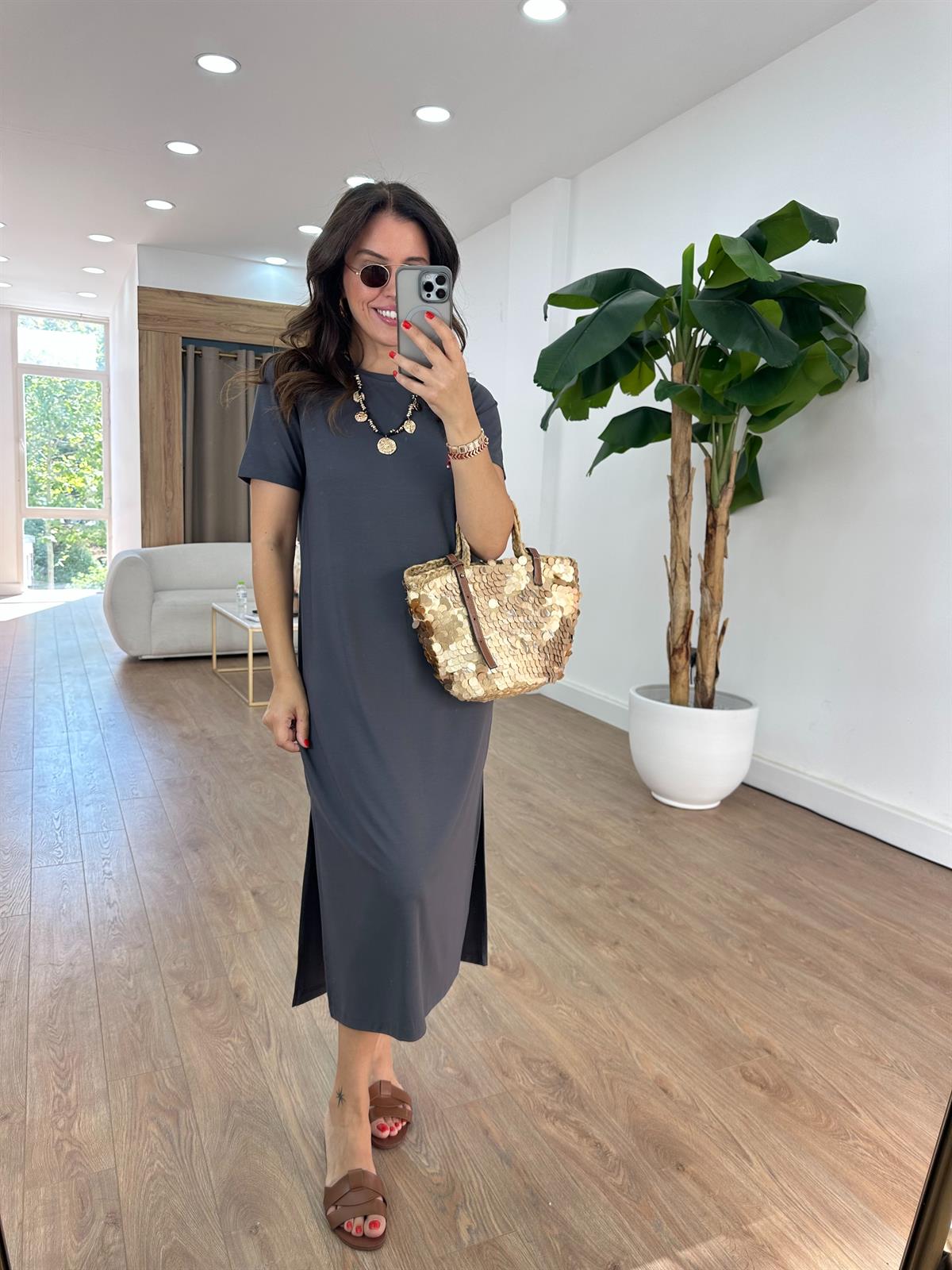 Kısa Kollu Modal Basic Elbise - Antrasit