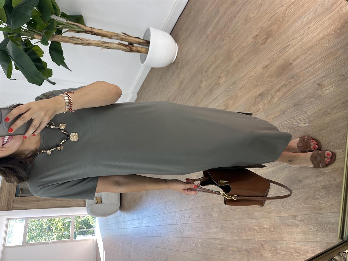 Kısa Kollu Modal Basic Elbise - Haki