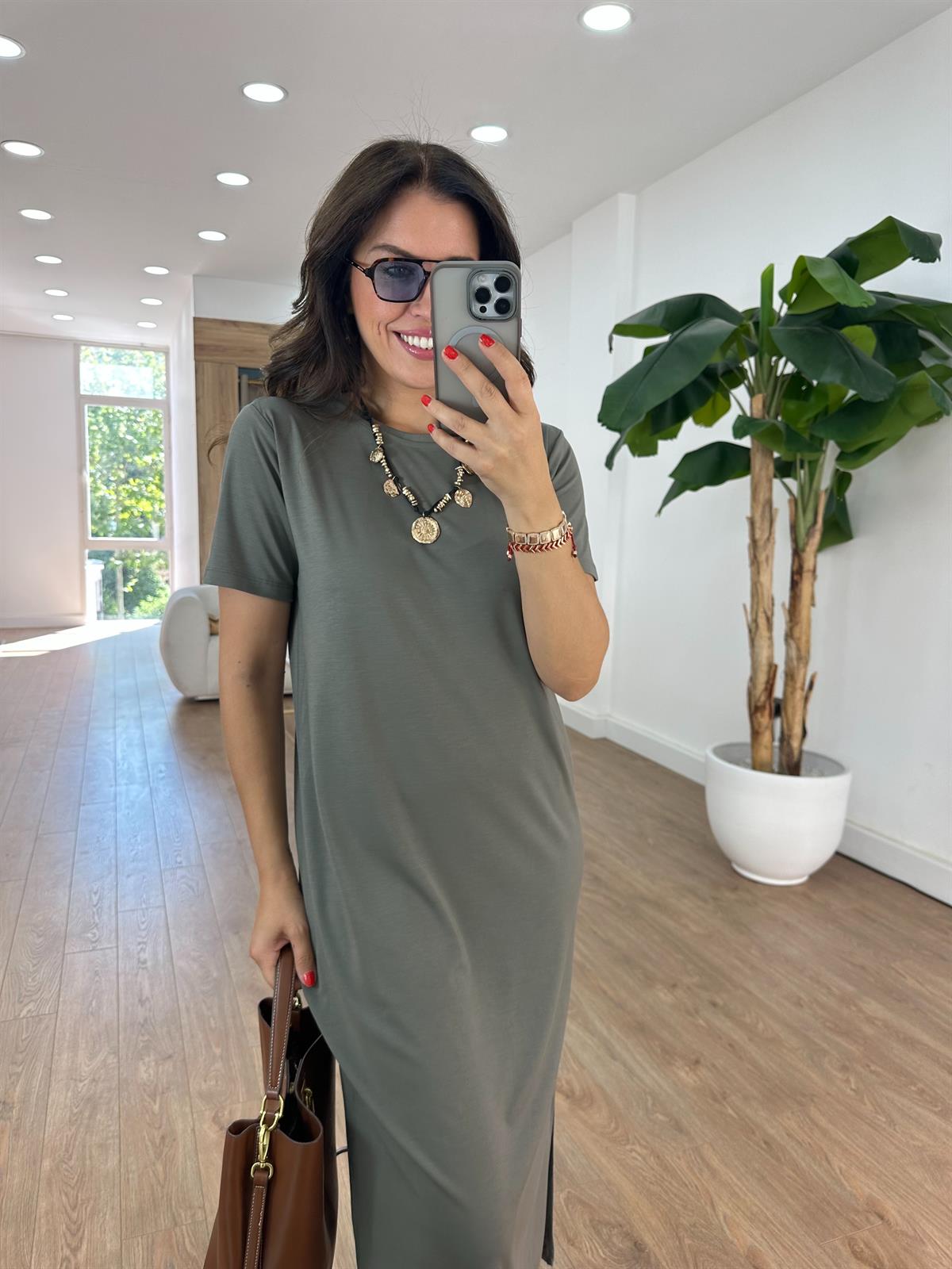 Kısa Kollu Modal Basic Elbise - Haki