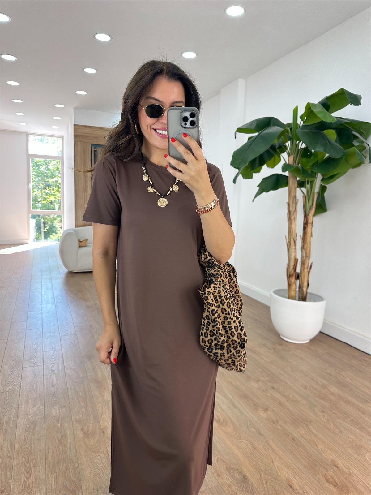 Kısa Kollu Modal Basic Elbise - Kahverengi