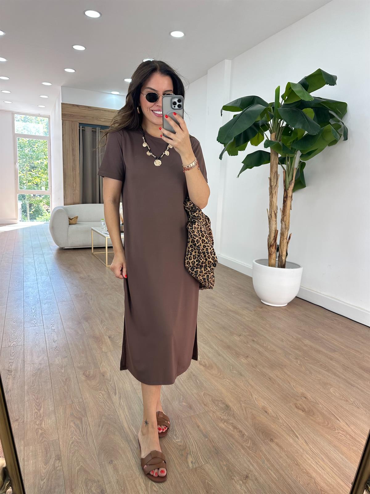 Kısa Kollu Modal Basic Elbise - Kahverengi