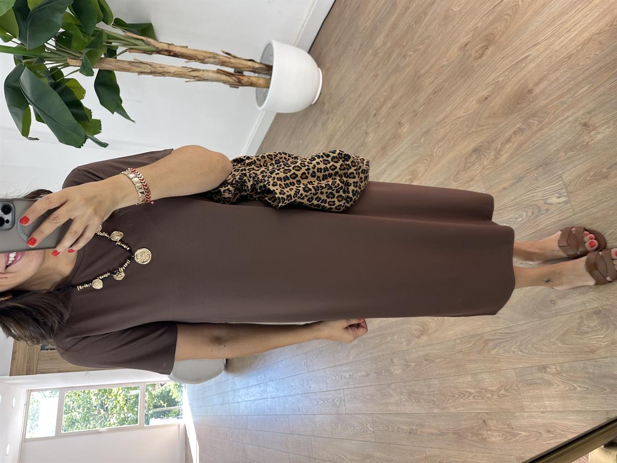 Kısa Kollu Modal Basic Elbise - Kahverengi