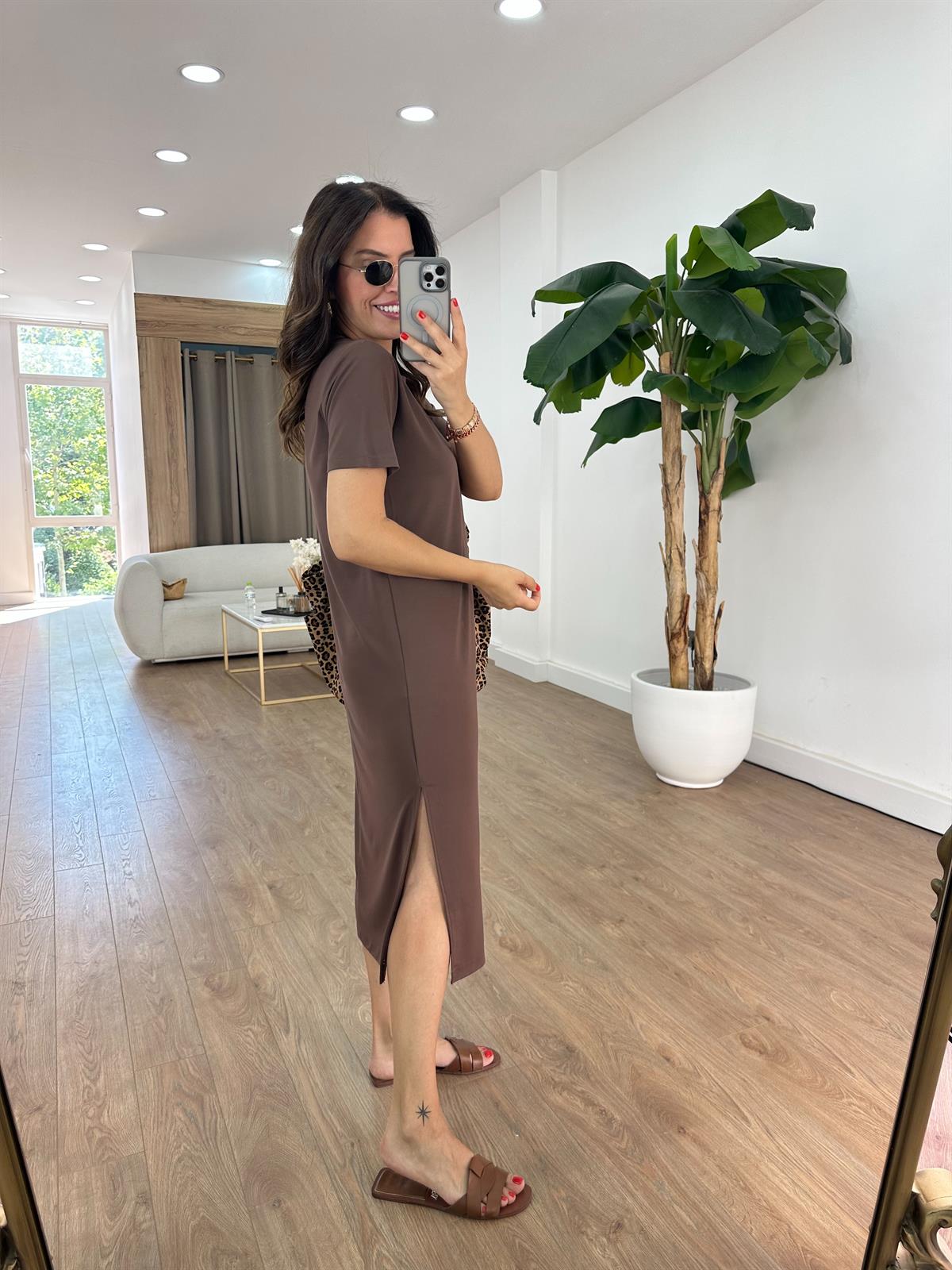 Kısa Kollu Modal Basic Elbise - Kahverengi