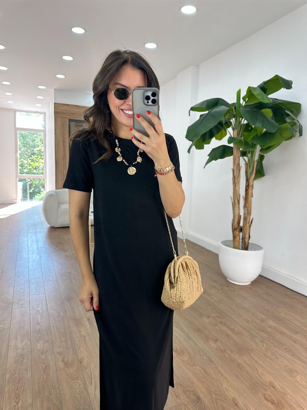 Kısa Kollu Modal Basic Elbise - Siyah