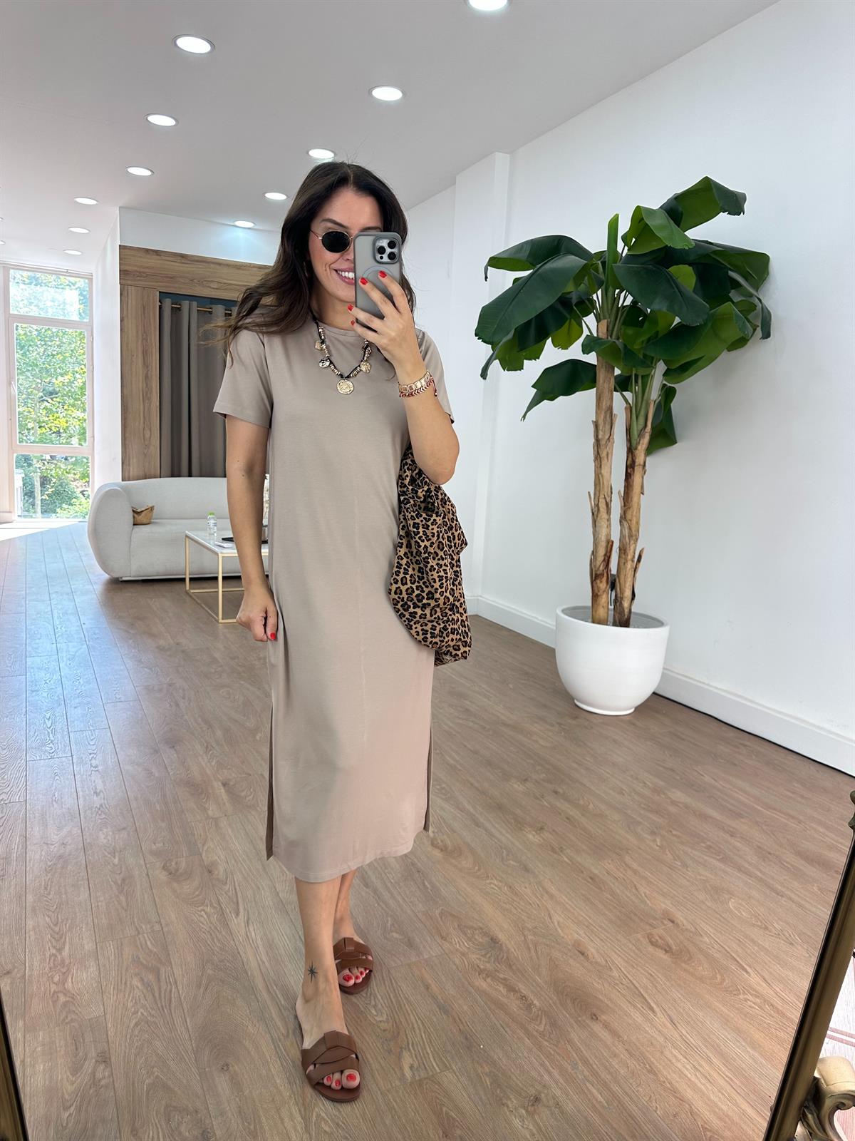 Kısa Kollu Modal Basic Elbise - Vizon