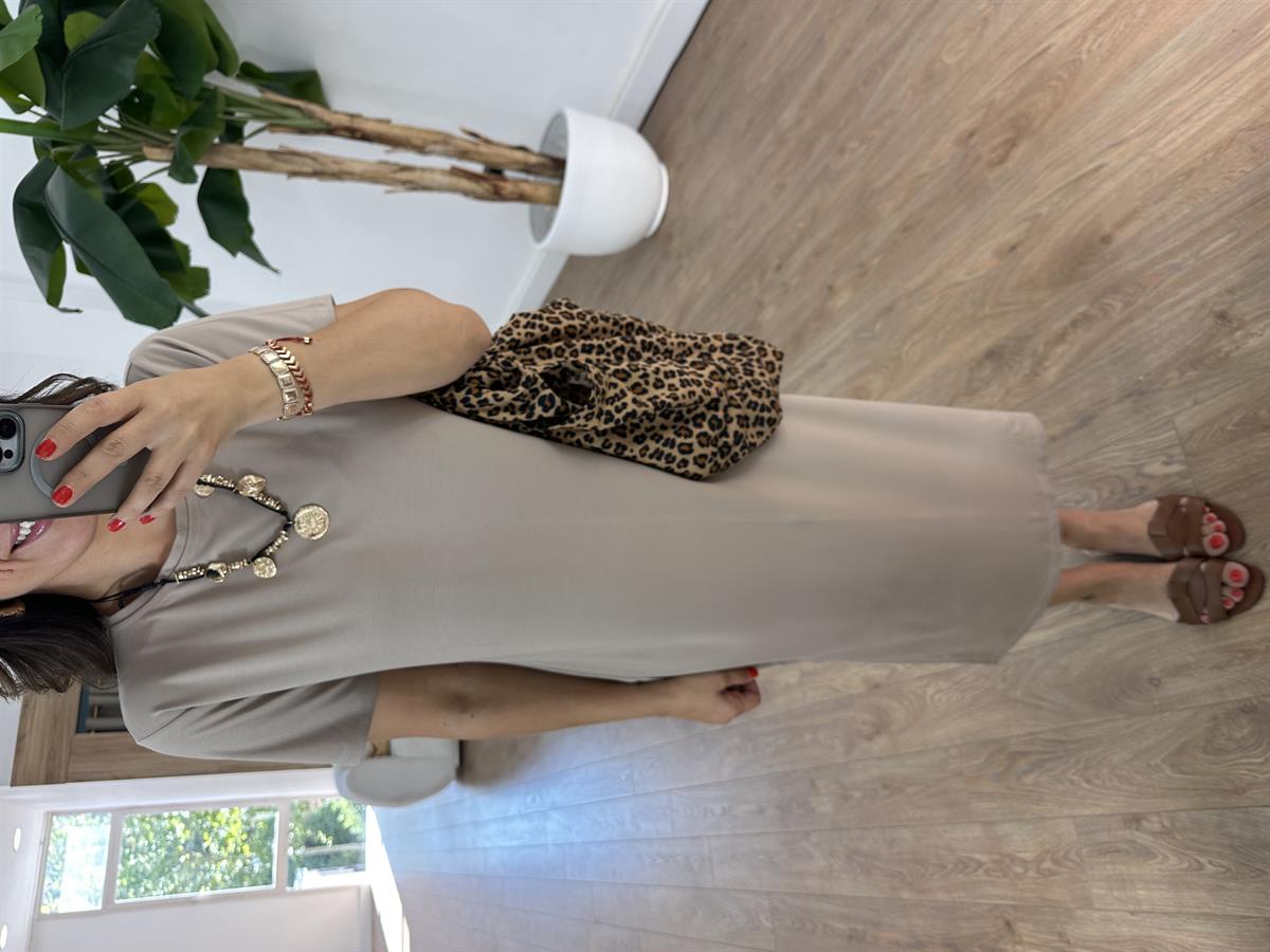 Kısa Kollu Modal Basic Elbise - Vizon