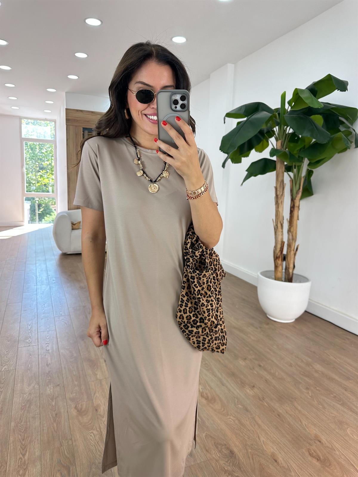 Kısa Kollu Modal Basic Elbise - Vizon