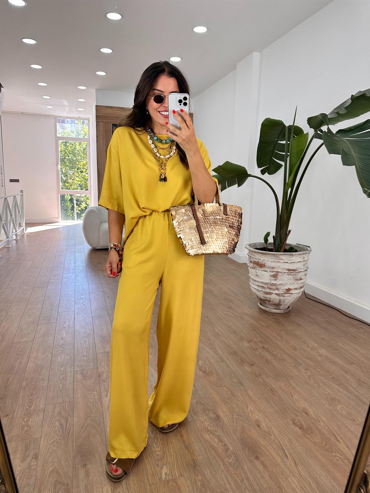 Kısa Kollu Salaş Viskon Takım - Olive