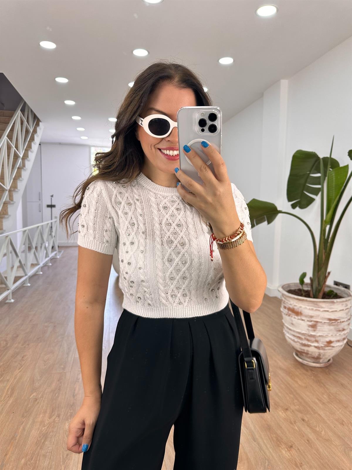 Kısa Kollu Taş Detaylı Triko - Beyaz