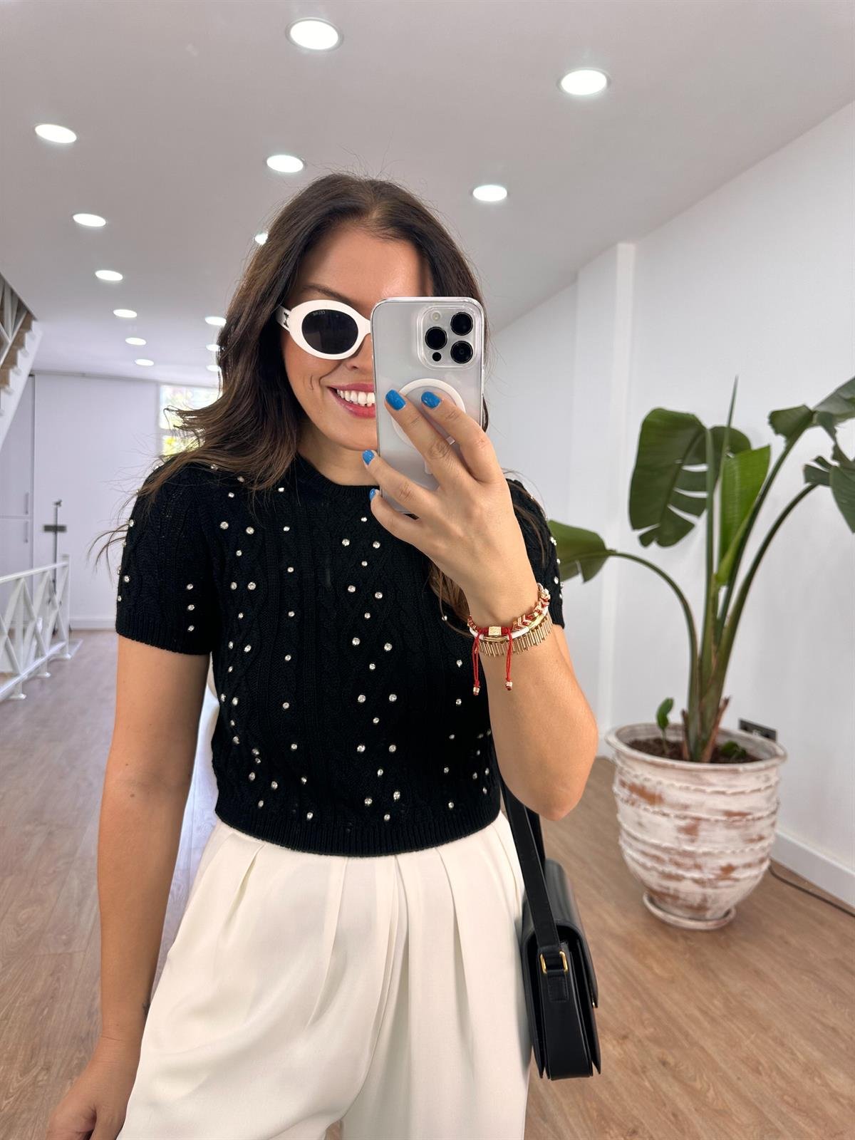 Kısa Kollu Taş Detaylı Triko - Siyah