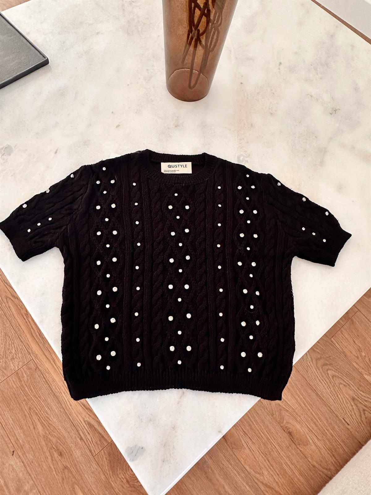 Kısa Kollu Taş Detaylı Triko - Siyah