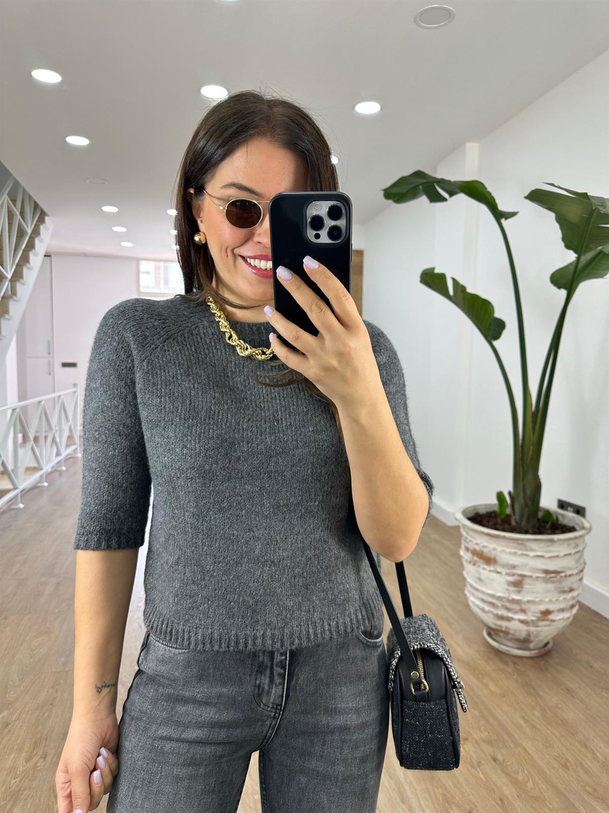 Kısa Kollu Yumoş Triko Kazak-Antrasit