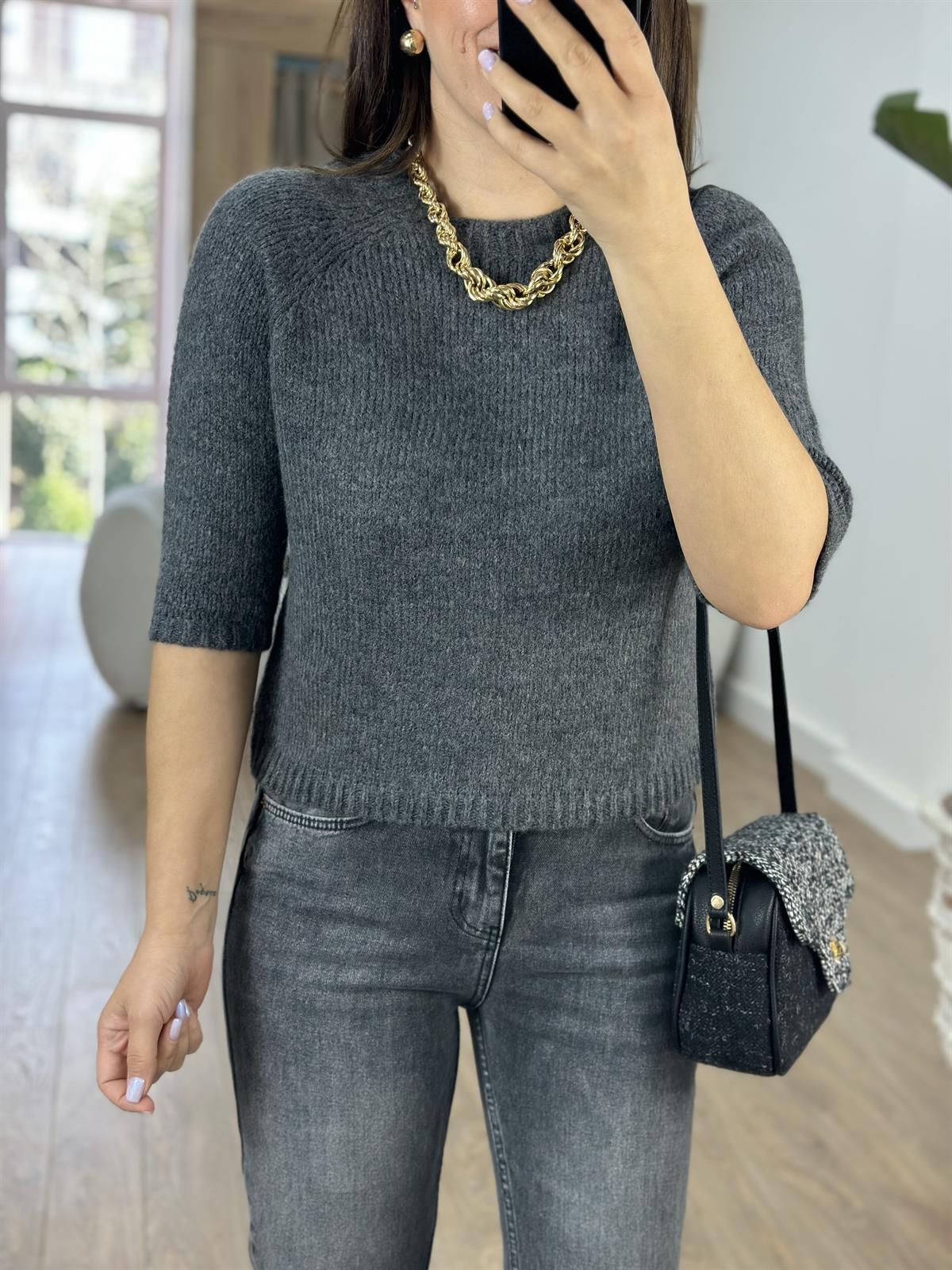 Kısa Kollu Yumoş Triko Kazak-Antrasit