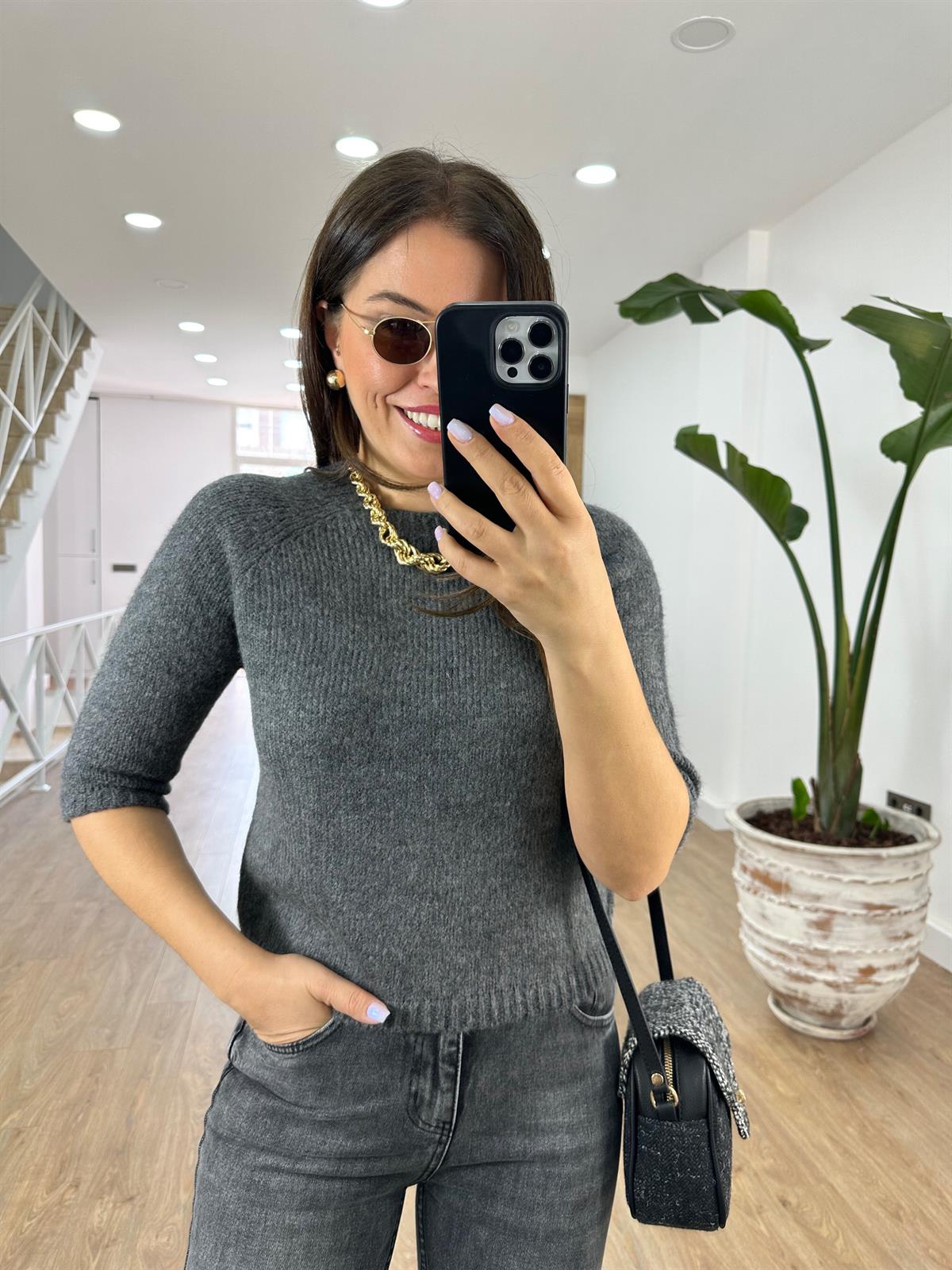 Kısa Kollu Yumoş Triko Kazak-Antrasit