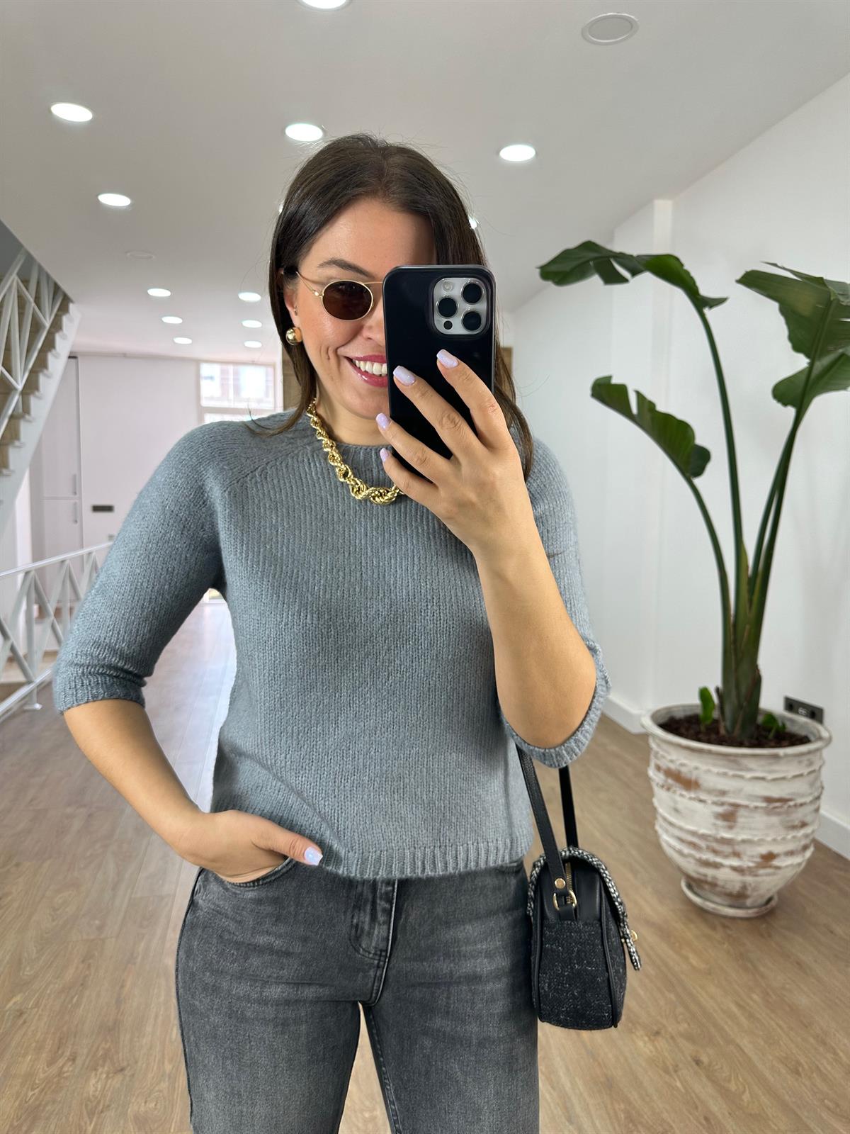 Kısa Kollu Yumoş Triko Kazak-Gri