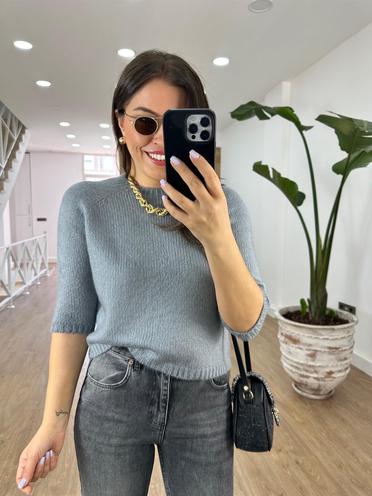 Kısa Kollu Yumoş Triko Kazak-Gri