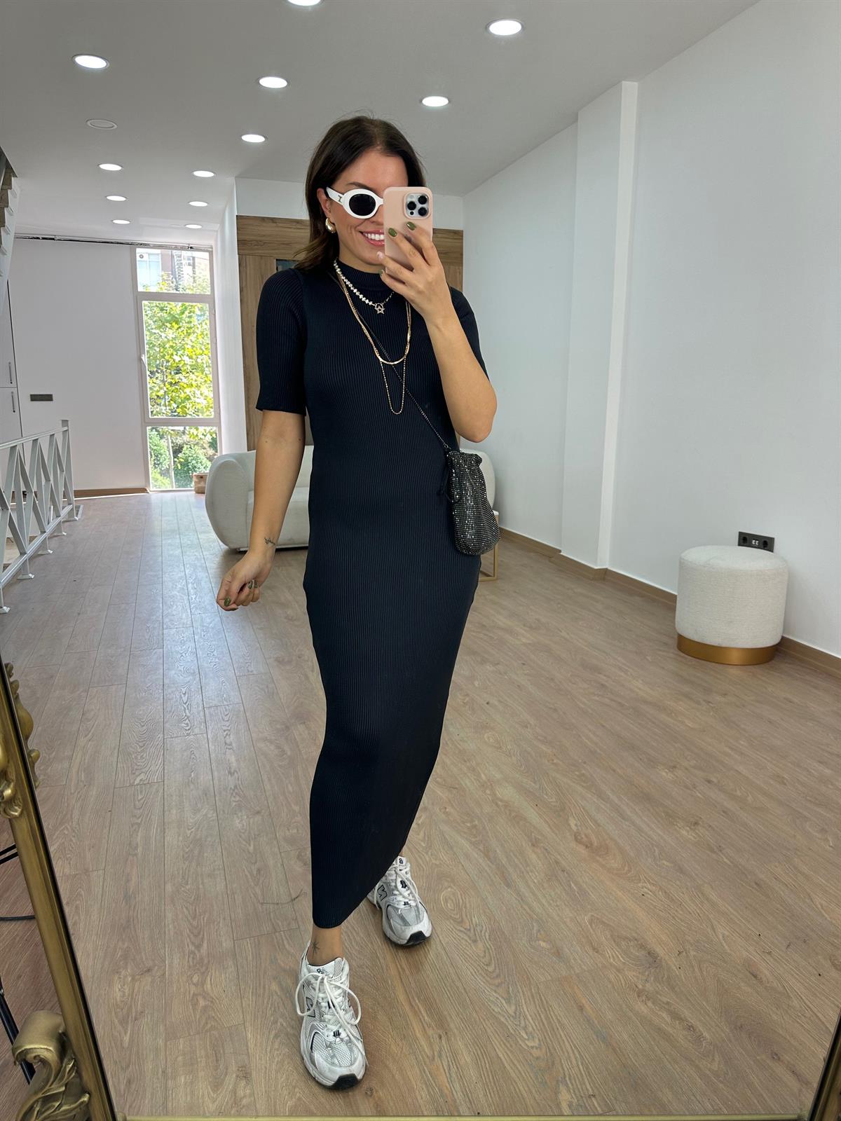 Kısakol Triko Basic Elbise-Füme