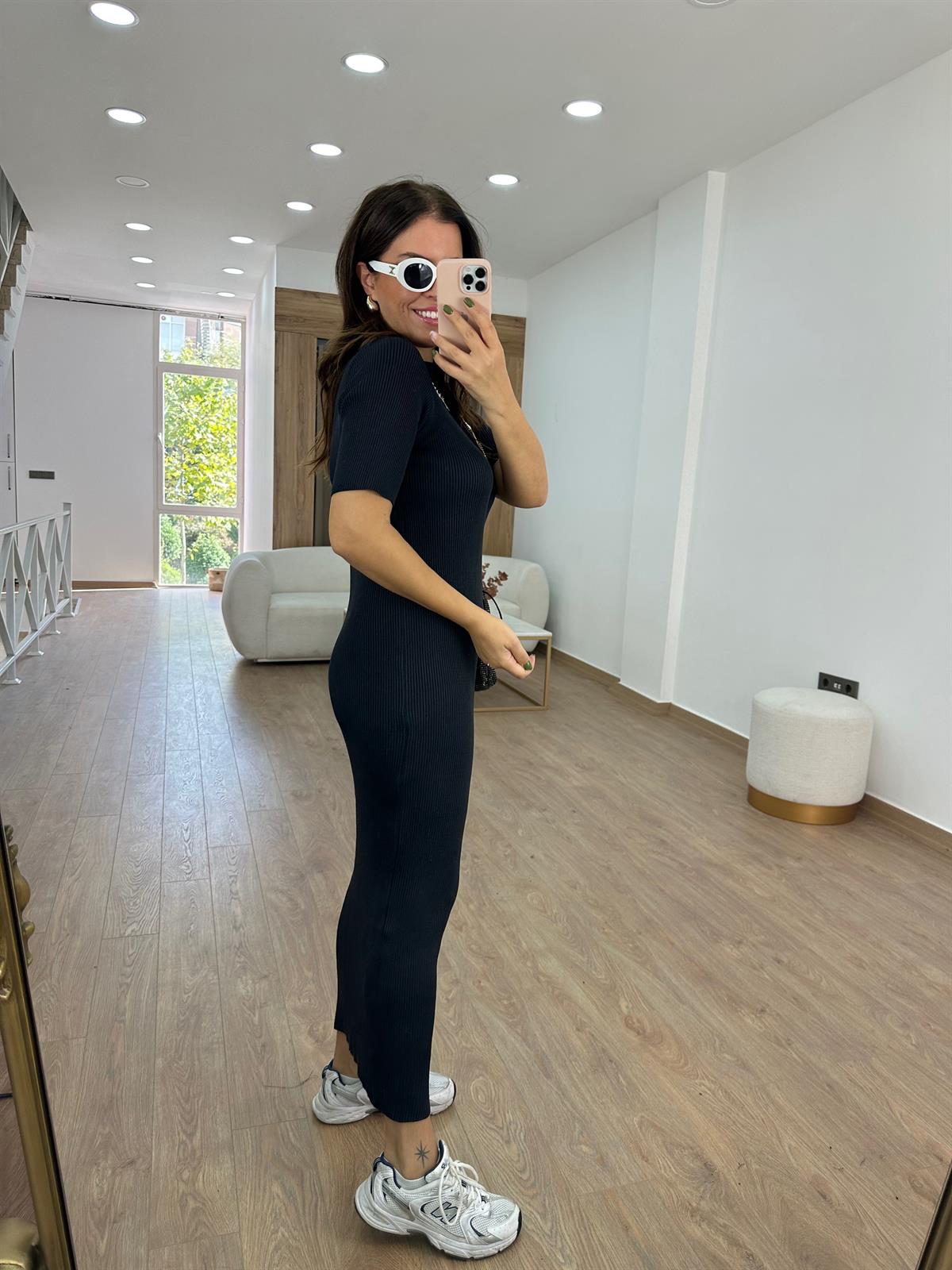 Kısakol Triko Basic Elbise-Füme