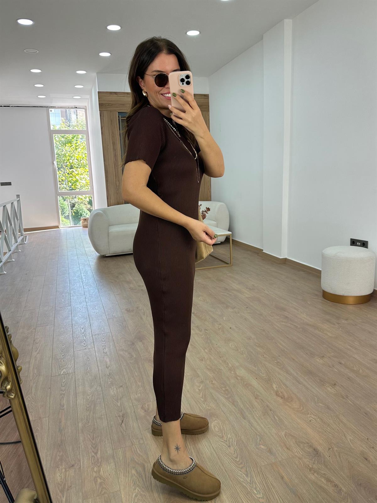 Kısakol Triko Basic Elbise-Kahverengi