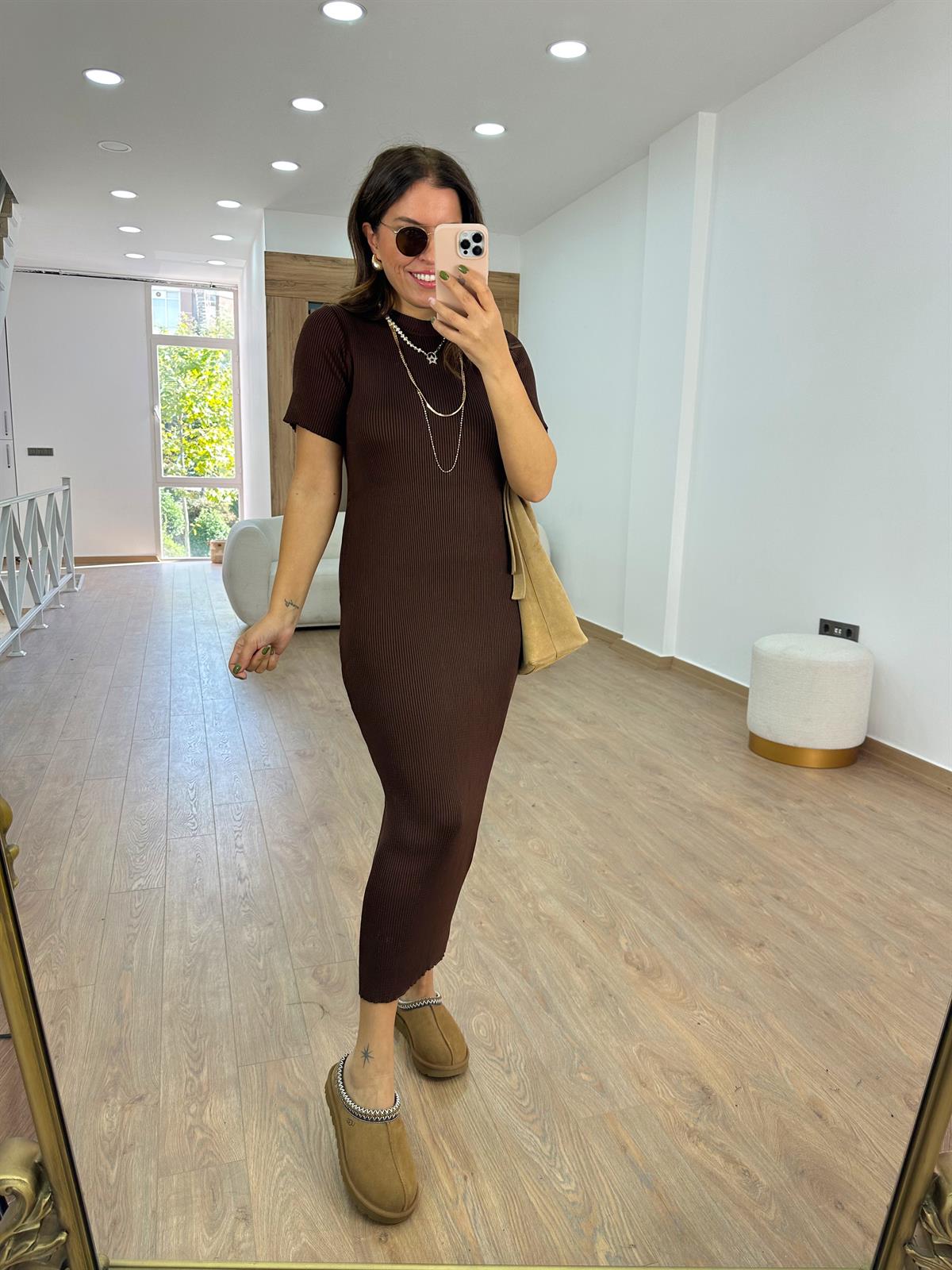 Kısakol Triko Basic Elbise-Kahverengi