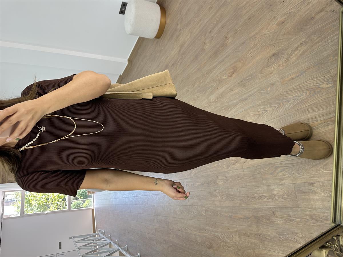 Kısakol Triko Basic Elbise-Kahverengi