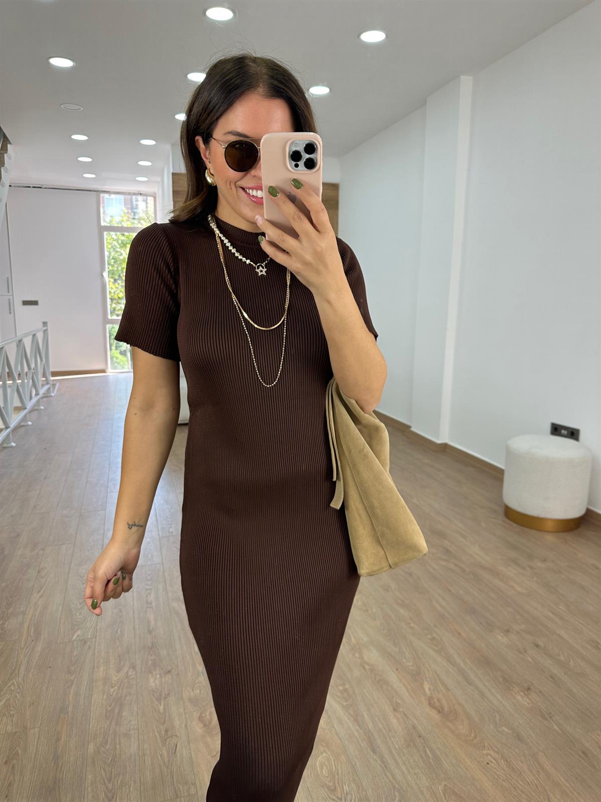 Kısakol Triko Basic Elbise-Kahverengi