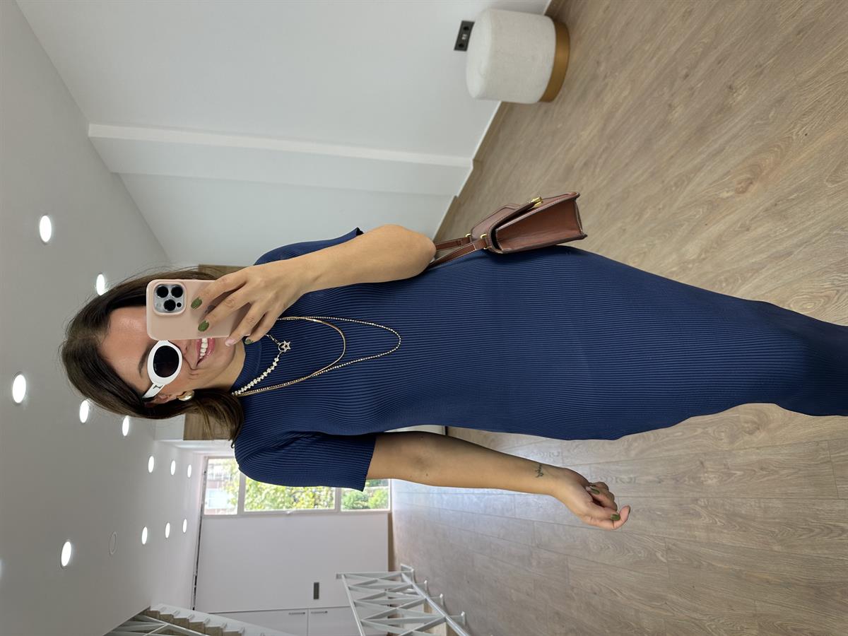 Kısakol Triko Basic Elbise-Lacivert