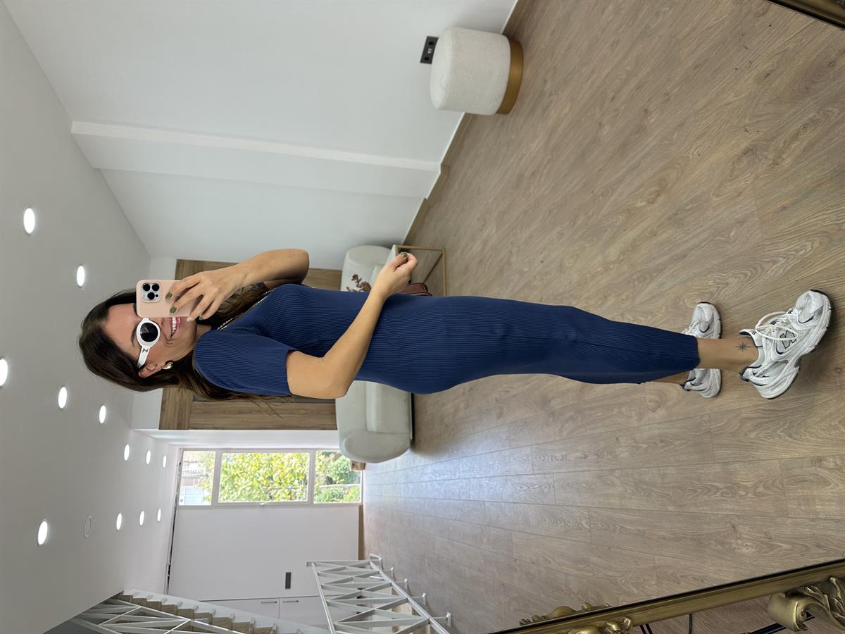 Kısakol Triko Basic Elbise-Lacivert