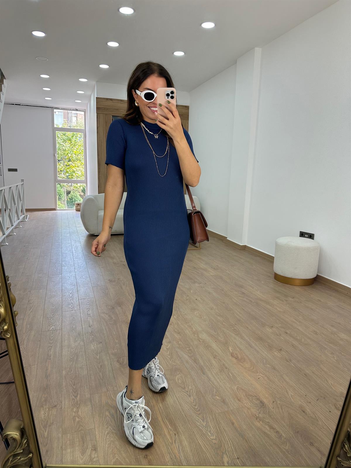 Kısakol Triko Basic Elbise-Lacivert