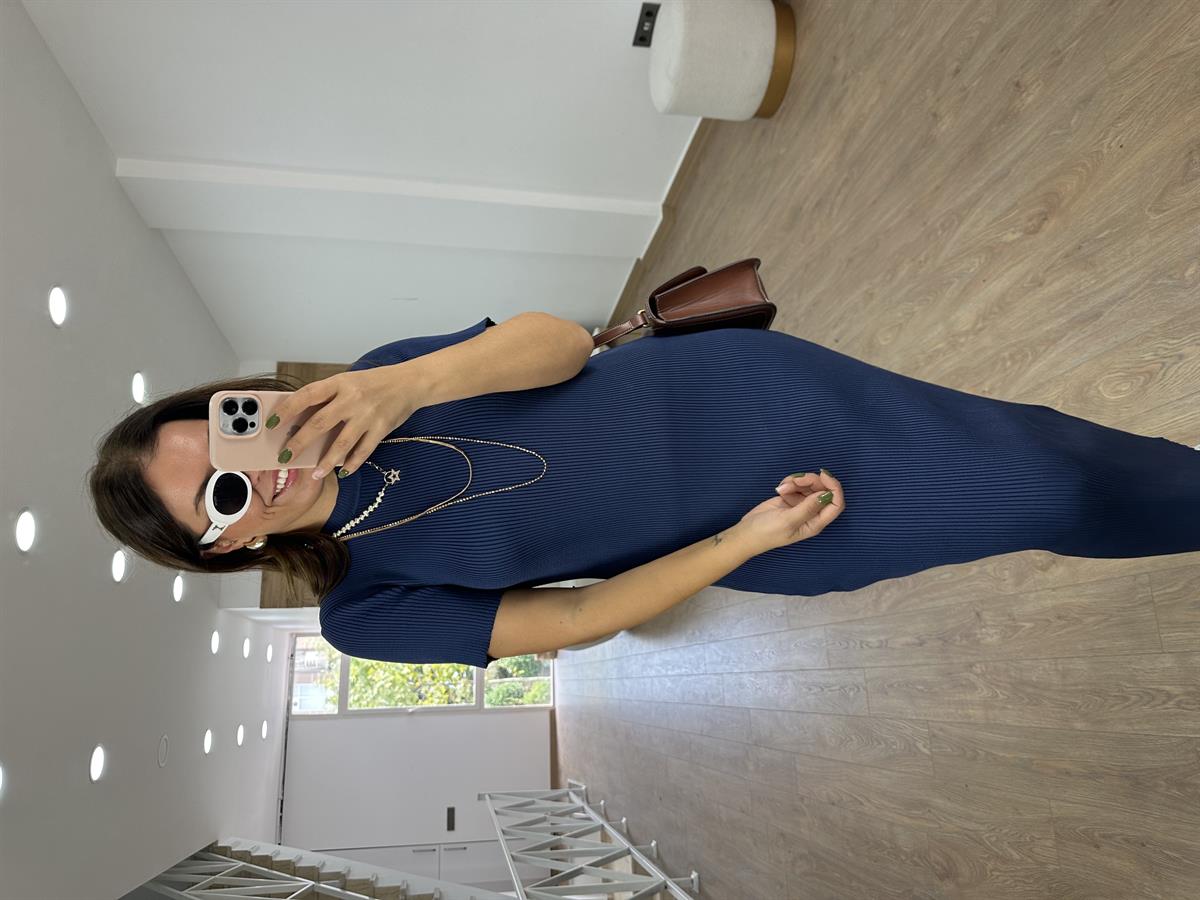 Kısakol Triko Basic Elbise-Lacivert