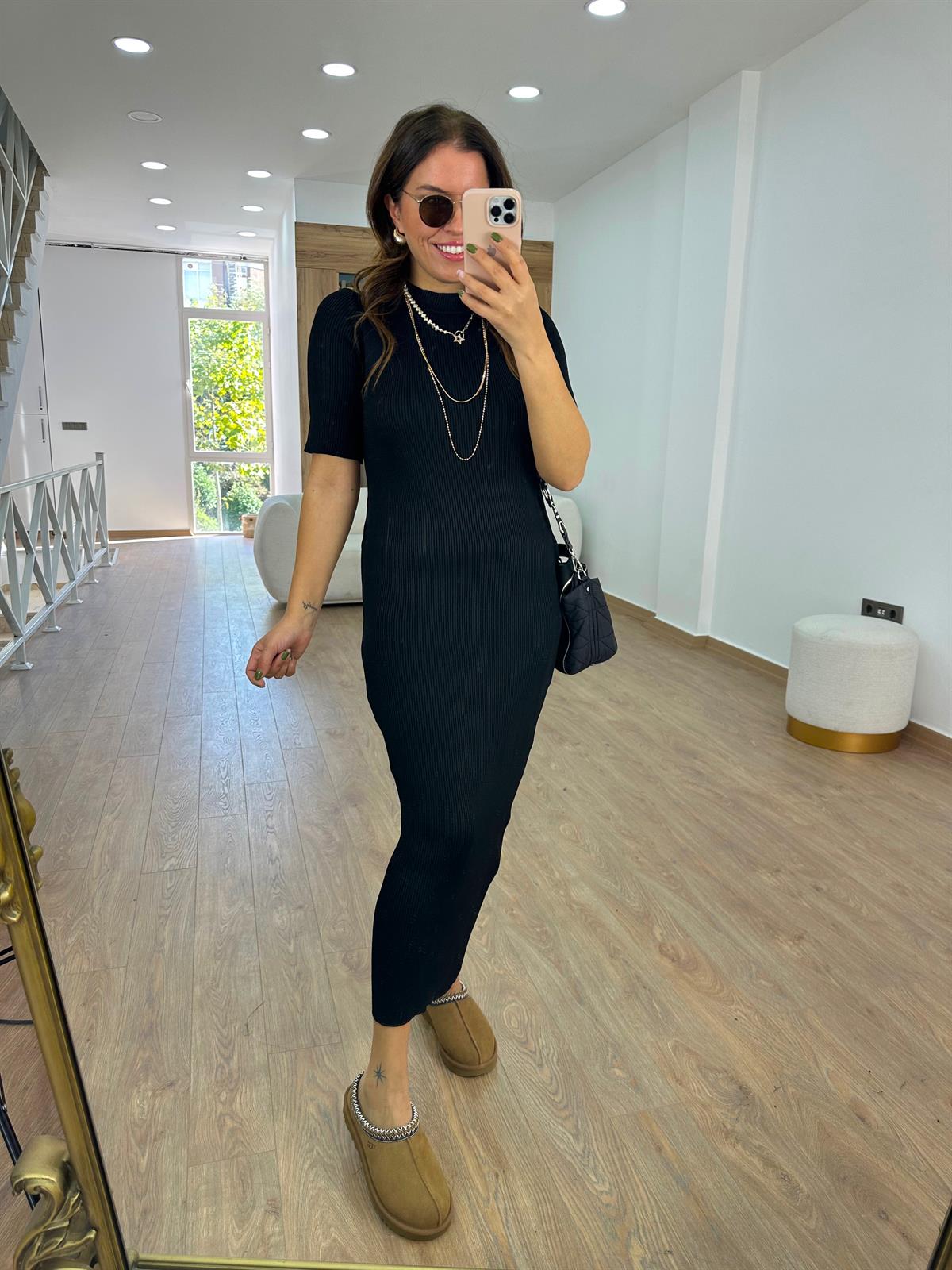 Kısakol Triko Basic Elbise-Siyah