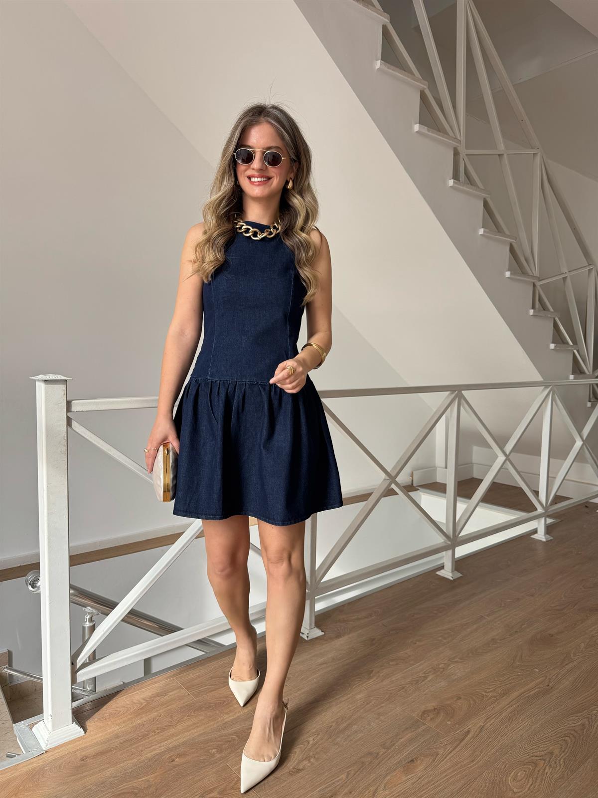 Eteği Volanlı Denim Elbise