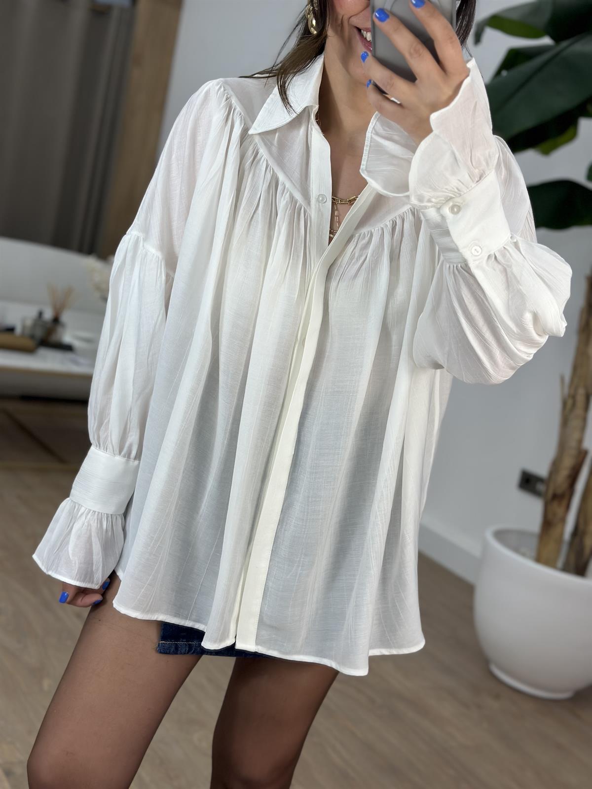 Kol Detaylı Lastikli Salaş Gömlek - Beyaz