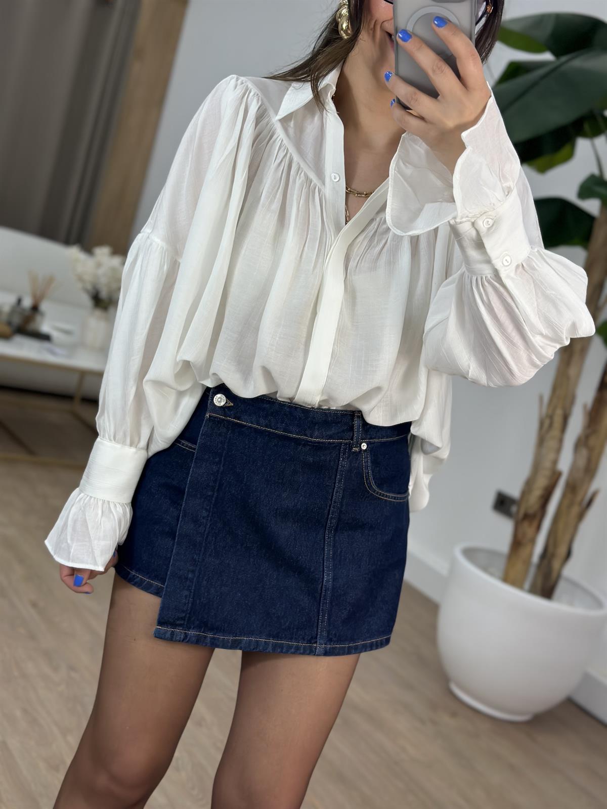 Kol Detaylı Lastikli Salaş Gömlek - Beyaz